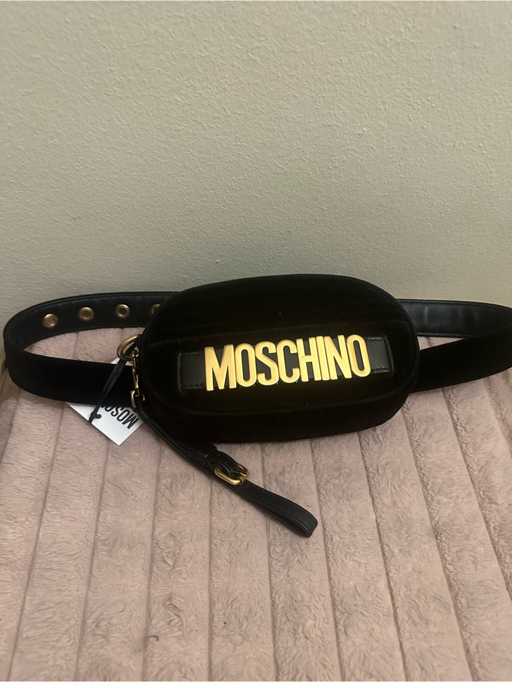 Moschino Black Velvet Belt Bag with Gold Logo